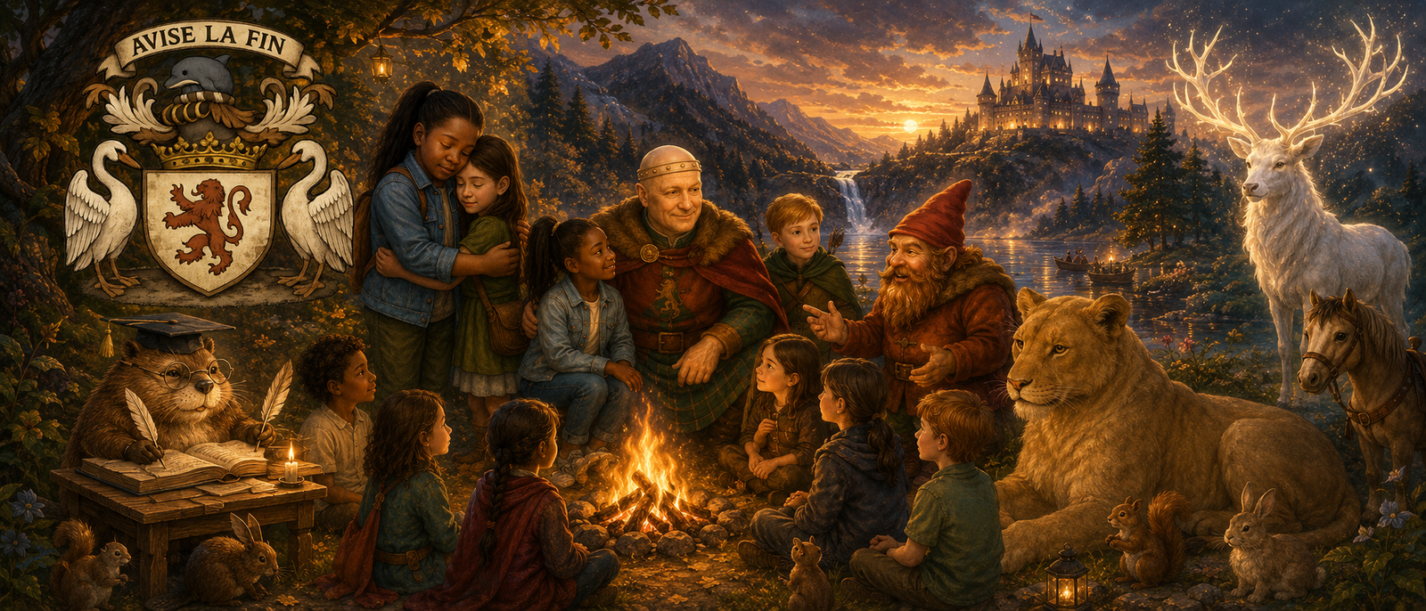 House of Shirzan heritage and welcome scene with the Avise La Fin crest, children gathered around a campfire, Shirzan the lioness, the White Stag, a scholarly beaver, woodland animals, and a Glimmerglass castle across the water.