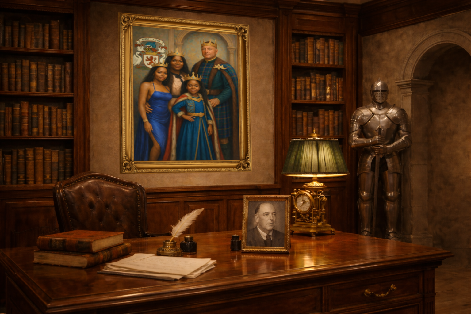 A warm study with bookshelves, a suit of armor, and a framed family portrait.
