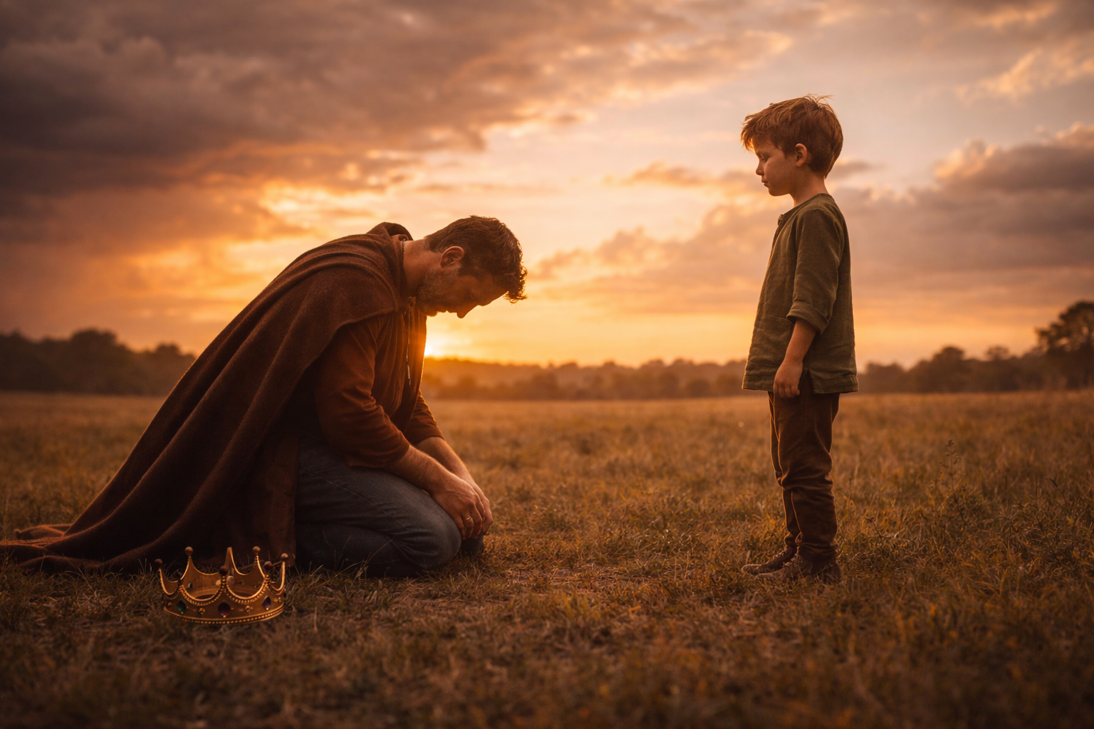 A king kneels in humility before a child — apology and restored trust